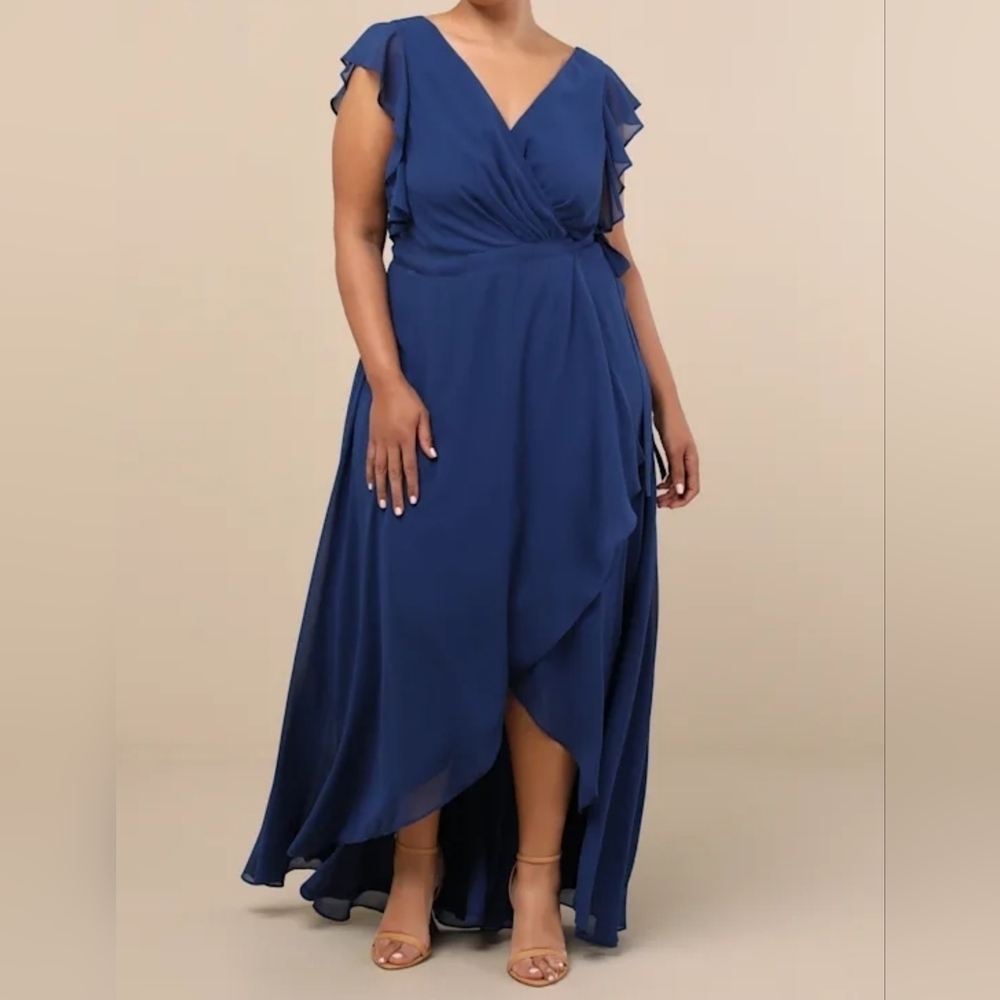 Lulus Ravishing Charm Dark Blue Ruffled Wrap High-Low Maxi Dress